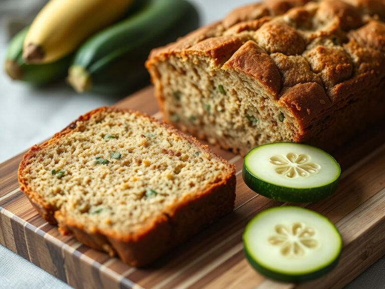 Slice of healthy zucchini bread with visible green zucchini shreds, on a wooden surface.