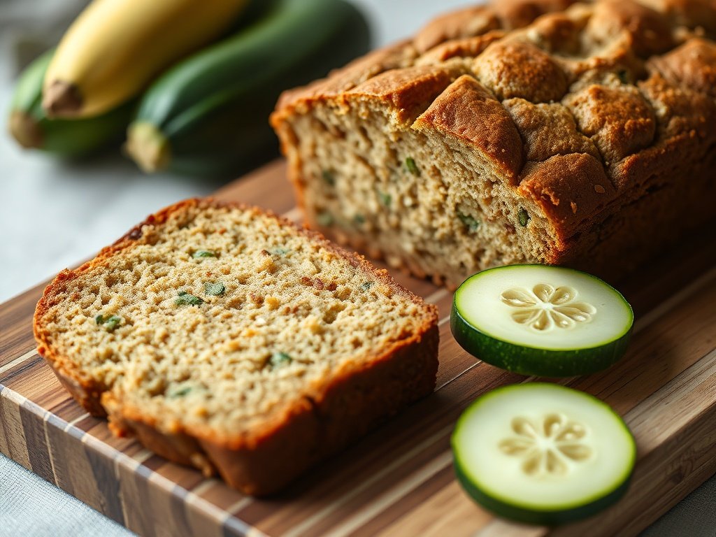 Slice of healthy zucchini bread with visible green zucchini shreds, on a wooden surface.