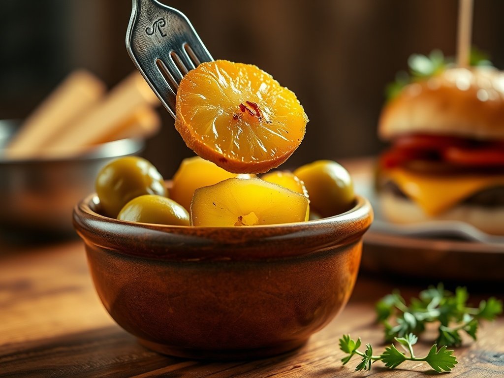 Bowl of bread and butter pickles next to a burger on a rustic table.