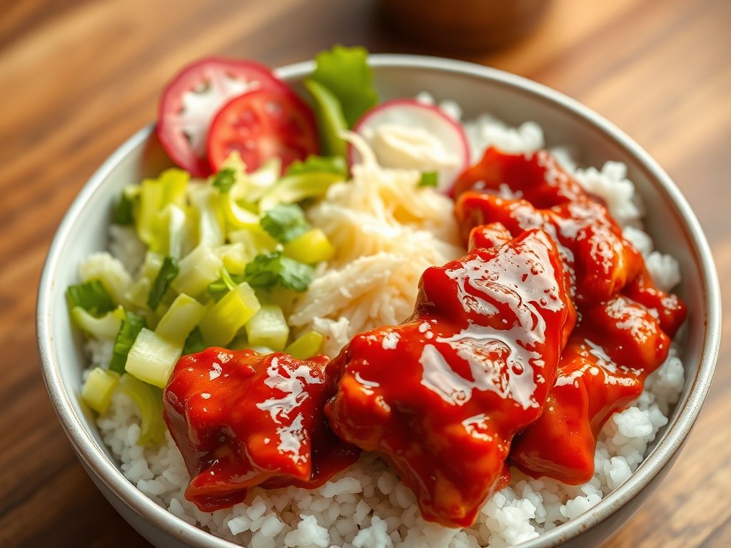 Plated buldak Korean spicy chicken on rice with fresh lettuce and pickled radish on the side.
