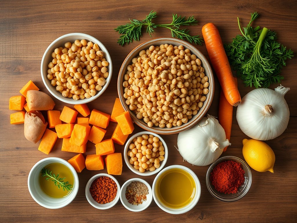 Top-down flat lay of ingredients for Slow Cooker Moroccan Lentil Stew.