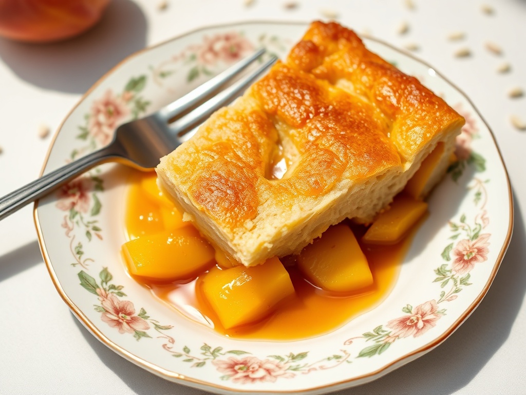 Slice of golden peach cobbler with peach juices on a decorated dessert plate