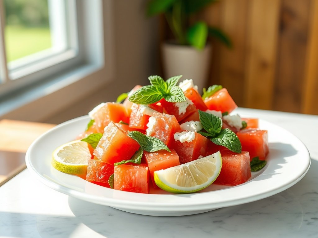 A beautifully plated watermelon feta mint salad on a white plate with mint garnish and a lime wedge.