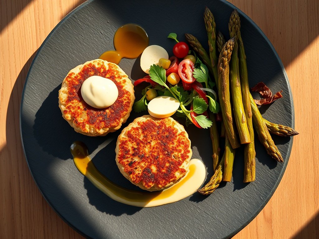Elegantly plated lobster cakes with remoulade sauce and asparagus on a dark plate.