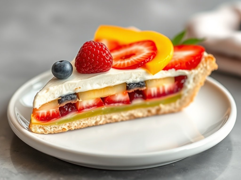 A slice of patriotic fruit pizza with strawberries and blueberries