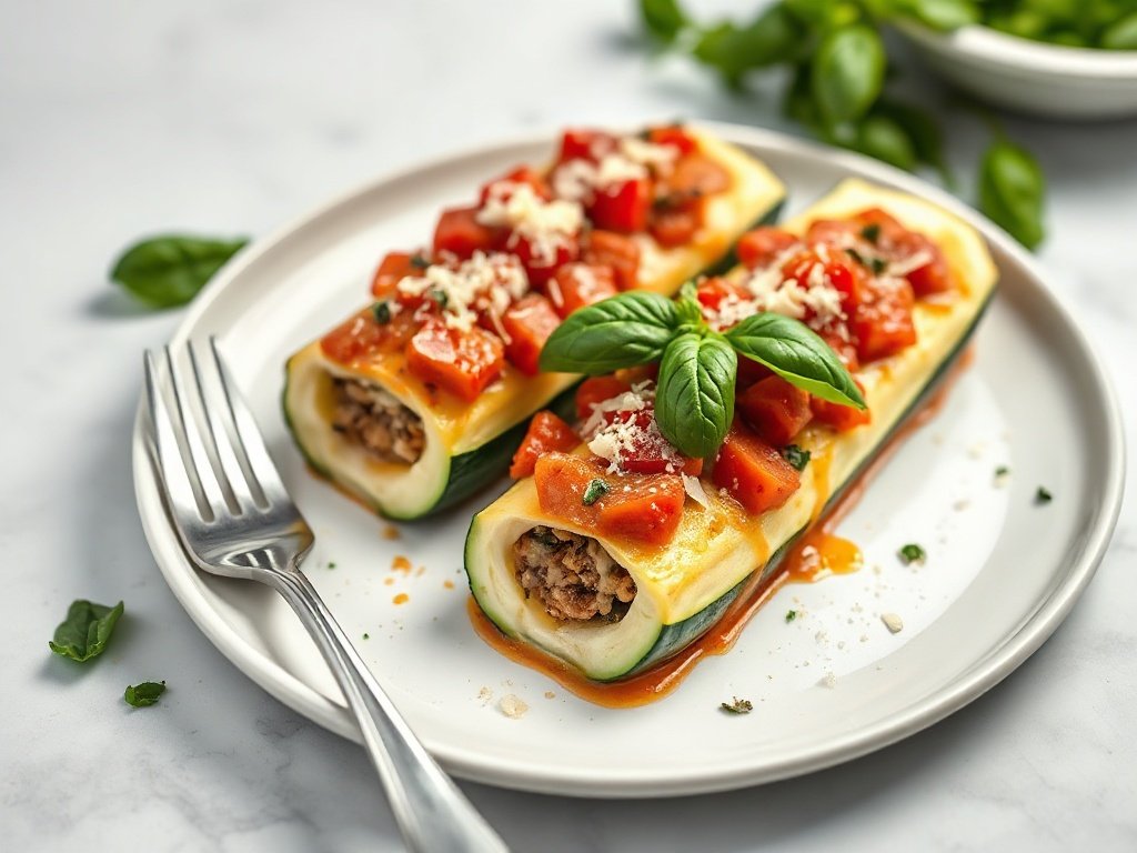 Served cheesy stuffed zucchini boats on a plate with fresh basil.