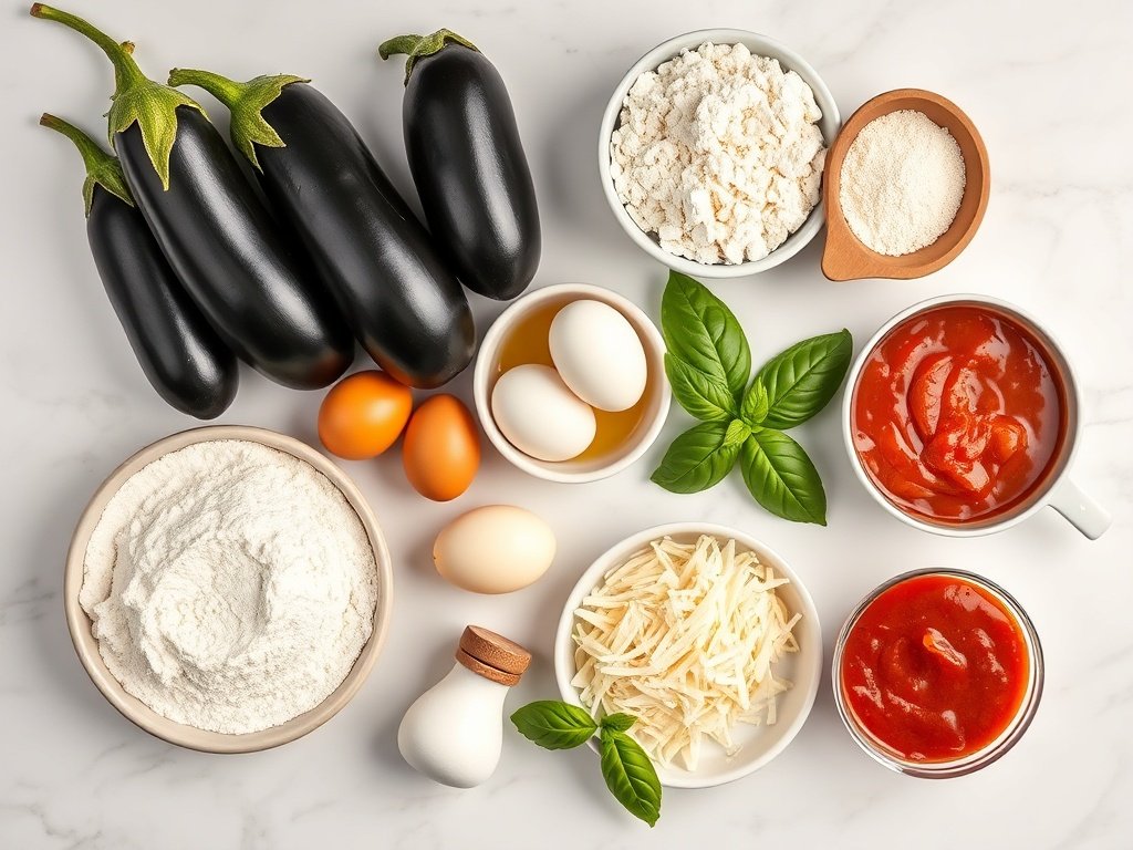 Fresh ingredients for eggplant parmesan arranged on a marble surface in a flat lay