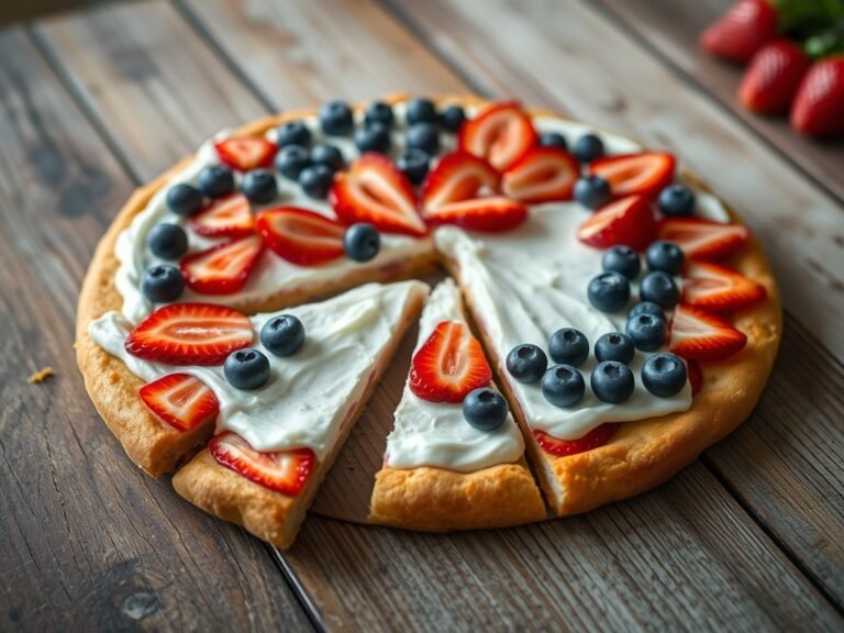 Patriotic 4th of July fruit pizza with flag design of strawberries and blueberries on cream cheese frosting