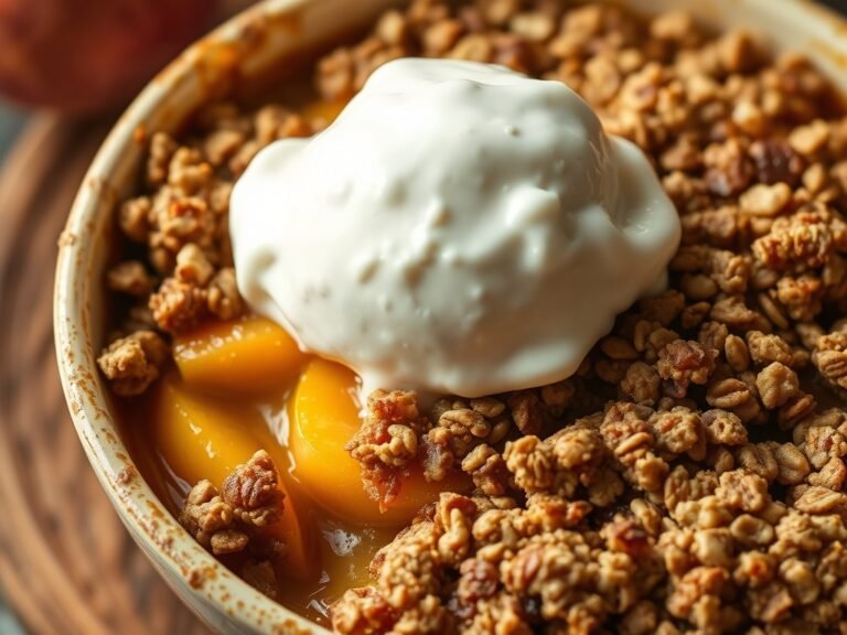 Air Fryer Peach Crisp with golden topping and ice cream
