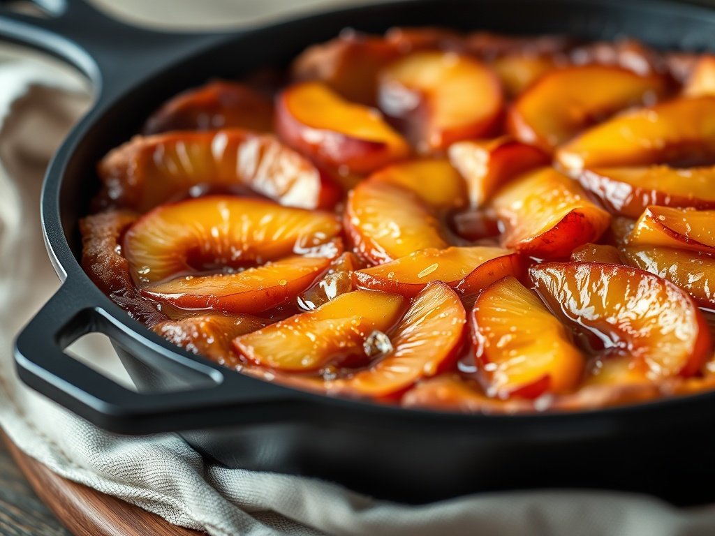 Peach upside down cake with caramelized peach topping in cast iron skillet
