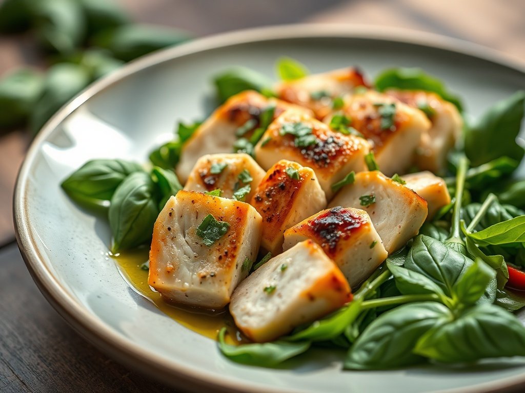 Beautifully plated basil chicken salad with fresh herbs and lemon