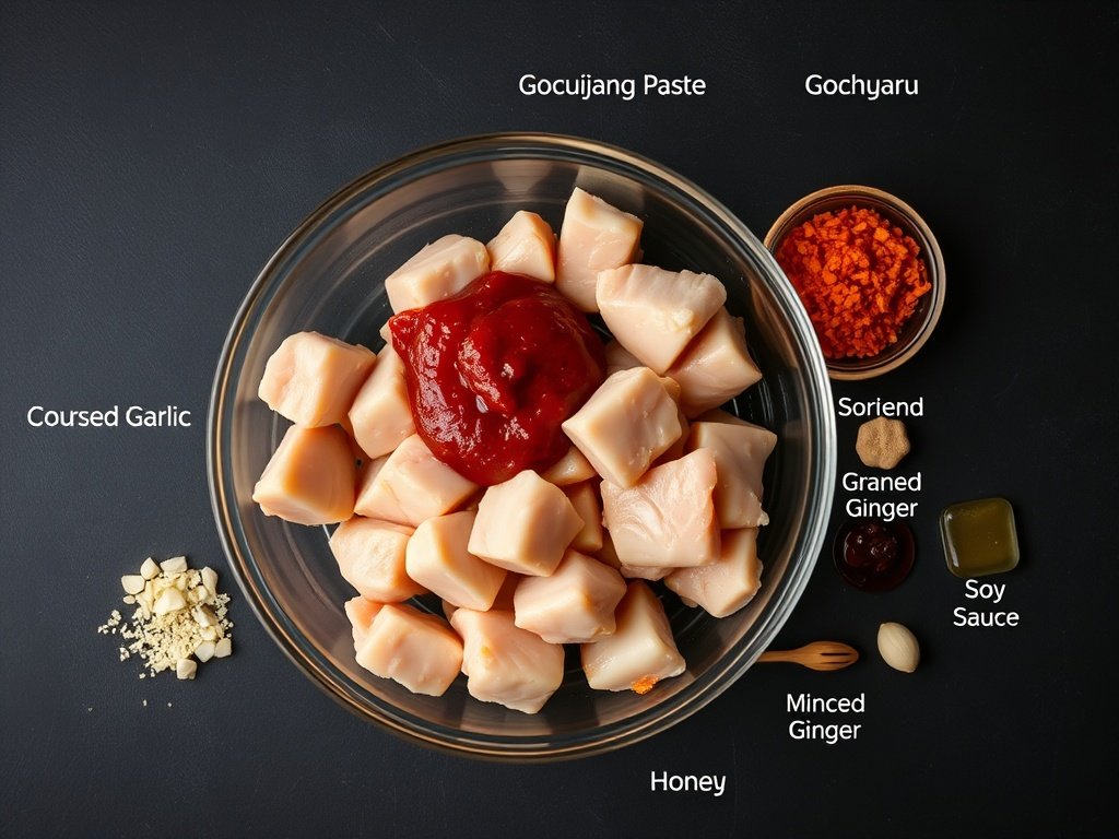 Top view flat lay of chicken thighs, gochujang paste, chili flakes, garlic, and soy sauce for making buldak.
