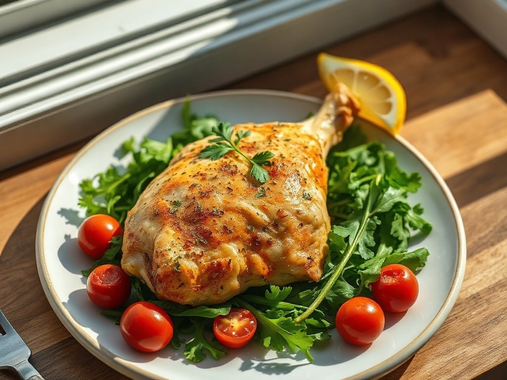 Plated air fryer chicken thigh with arugula salad and roasted tomatoes