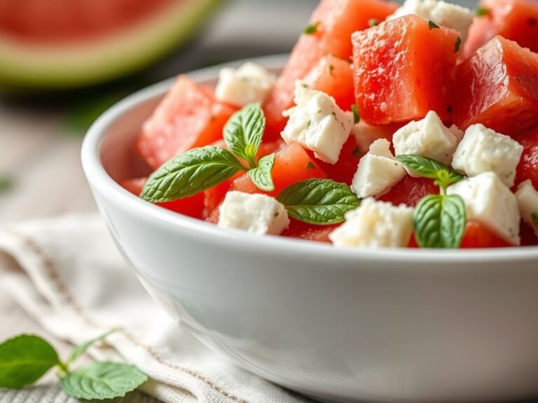 Watermelon feta mint salad in a white bowl with fresh mint leaves and crumbled feta cheese on a light wooden table.