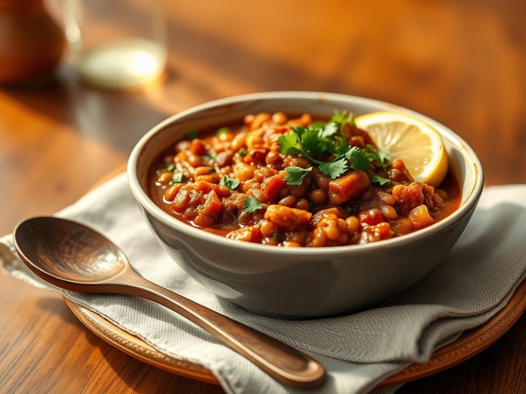 Plated bowl of Slow Cooker Moroccan Lentil Stew with lemon wedge and spoon on linen napkin.