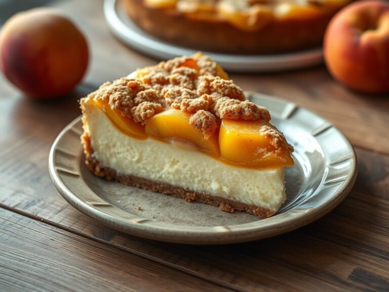 A slice of peach cobbler cheesecake showing creamy filling and spiced peach topping