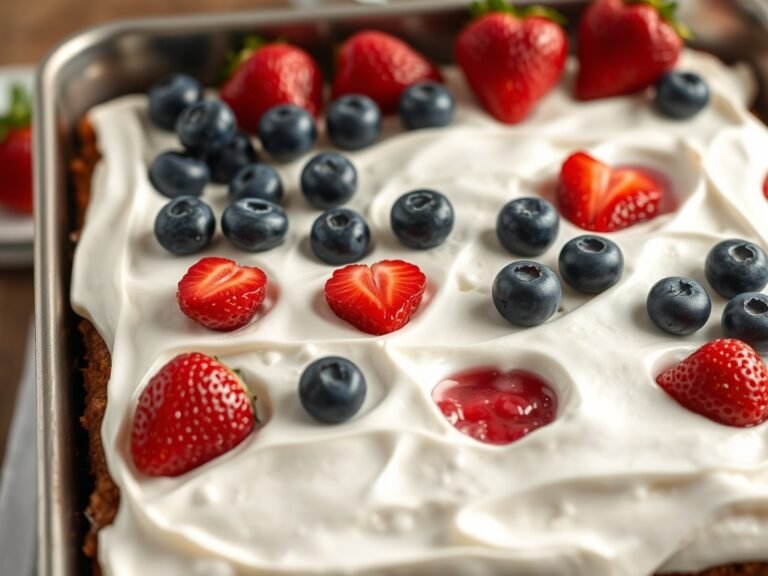 Red white and blue patriotic berry poke cake with whipped cream and fresh berries on top