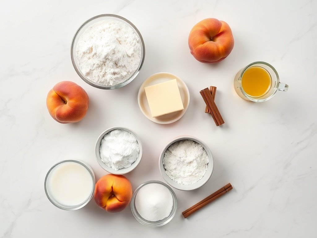 Ingredients for fresh peach cobbler arranged on marble