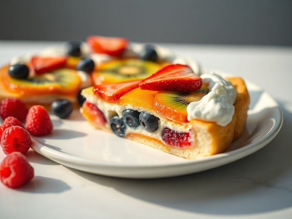 A plated slice of fruit pizza with cream cheese frosting, strawberry, kiwi, blueberry, and orange topping on a white plate.