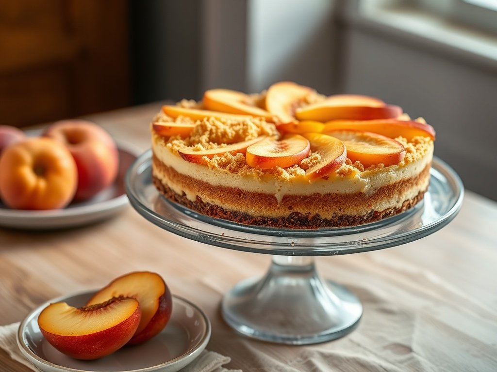 Whole peach cobbler cheesecake with golden topping on a cake stand