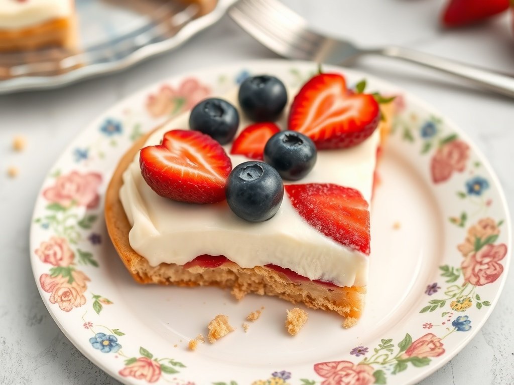 A single slice of Flag Fruit Pizza on a plate, revealing the cookie crust, frosting, and fruity flag topping.