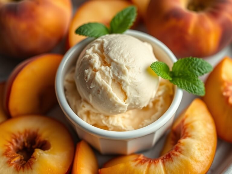 Scoop of creamy homemade peach ice cream in a bowl with fresh peach slices