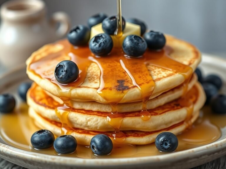 Stack of fluffy fresh blueberry pancakes with maple syrup and butter