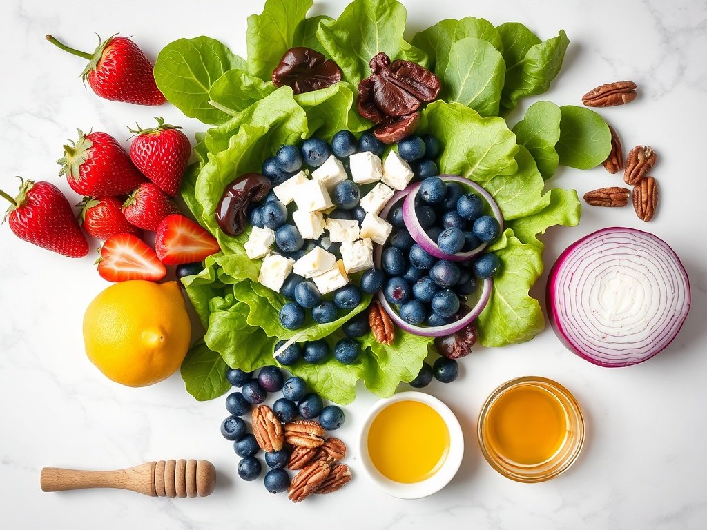 Ingredients for healthy 4th of July food salad flat lay