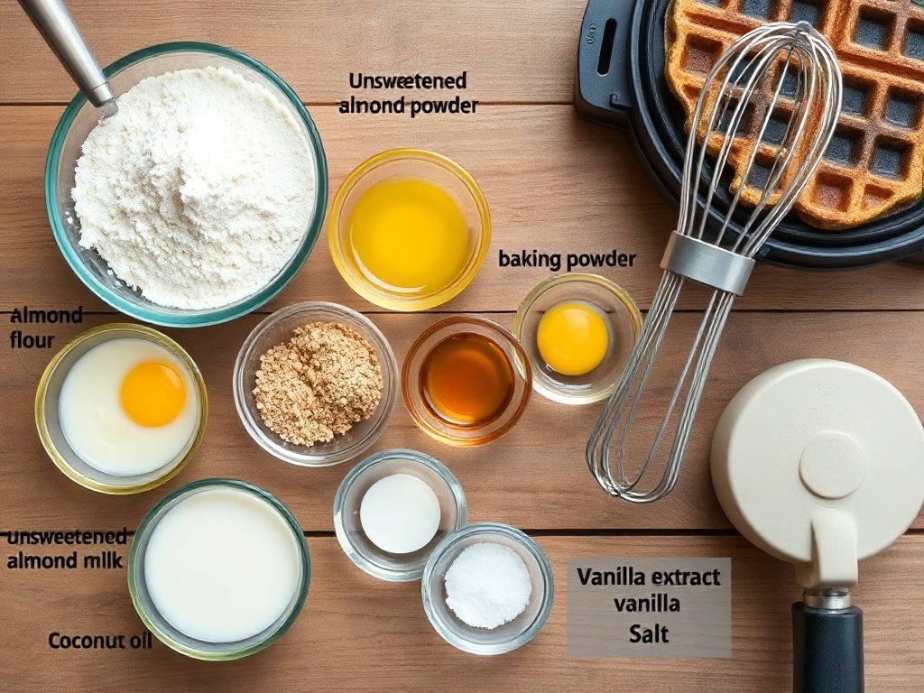 Flat lay of almond flour, protein powder, eggs, and almond milk on a wooden table