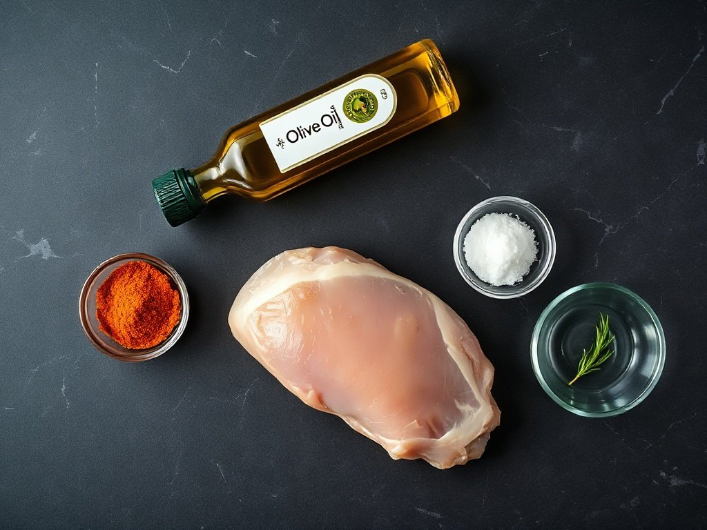 Top view of raw chicken cubes, oil, and spices on a dark countertop.