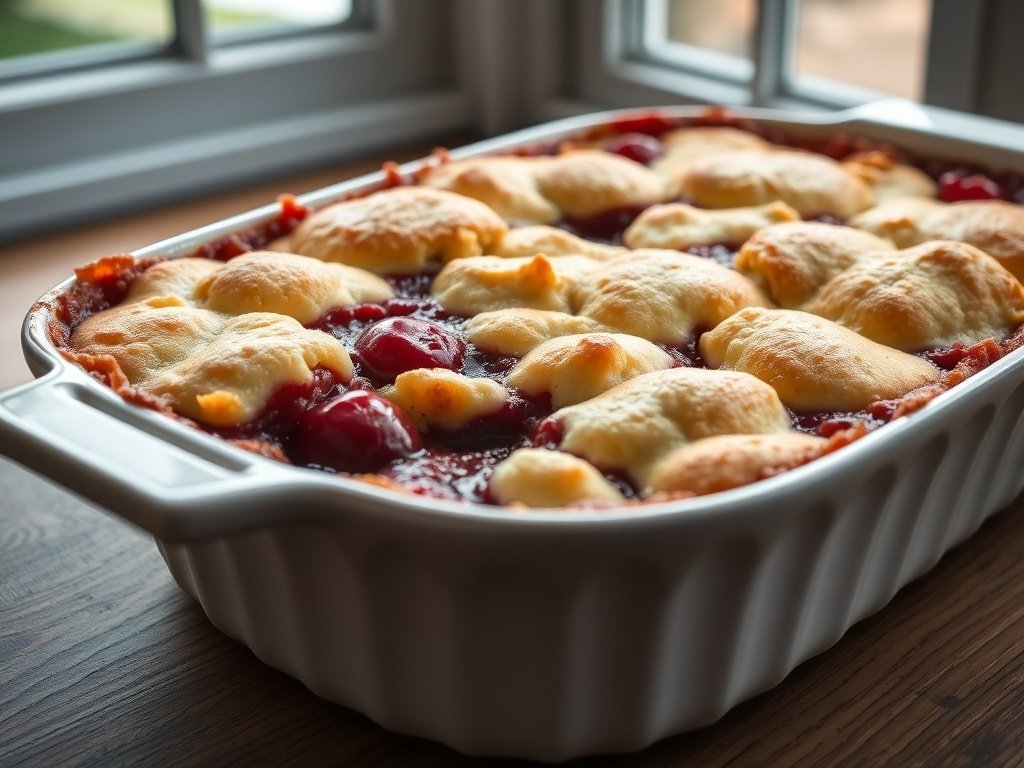 Golden crusted cherry cobbler in a baking dish with bubbling fruit filling