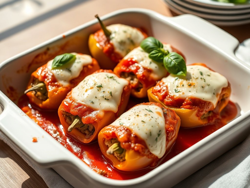 Baked stuffed banana peppers in a white baking dish
