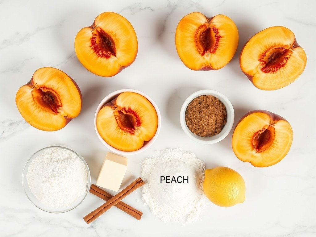 Flat lay of fresh peach crumble ingredients