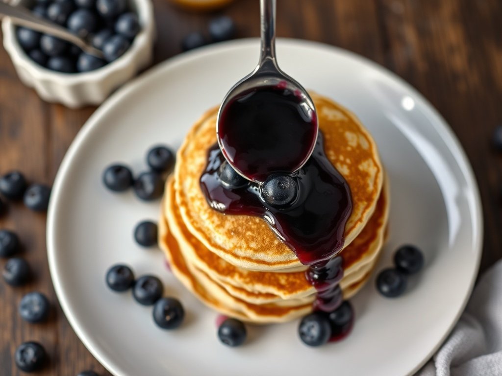 Stack of fluffy pancakes topped with blueberry jam and fresh blueberries, on a white plate.
