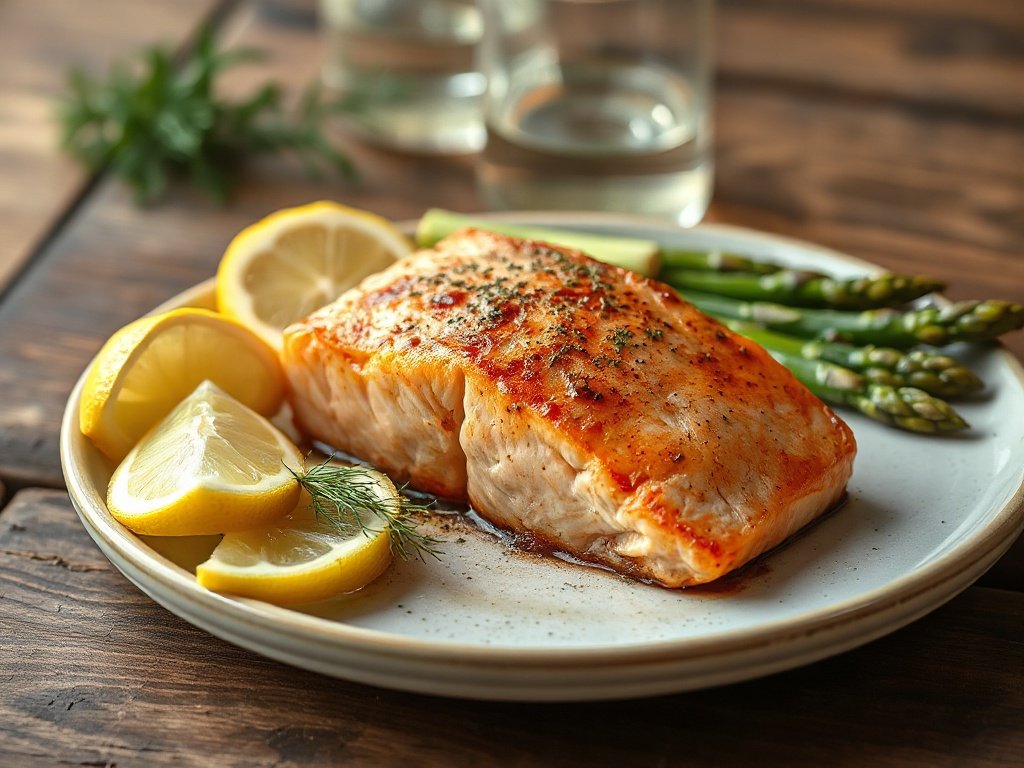 Close-up of baked salmon fillet with asparagus, lemon, and dill, high protein low carb