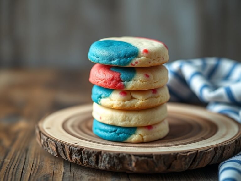Three red white and blue patriotic sugar cookies with swirled icing stacked on a wooden board.