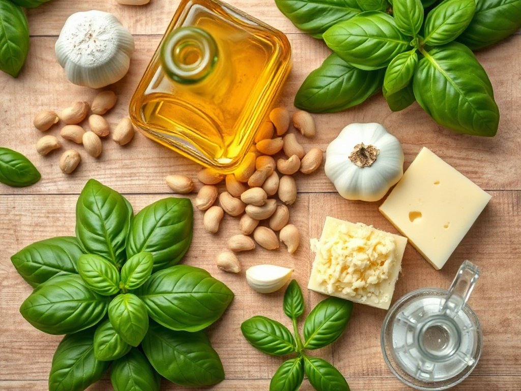 Flat lay of basil leaves, pine nuts, garlic, Parmesan, and olive oil for pesto recipe.