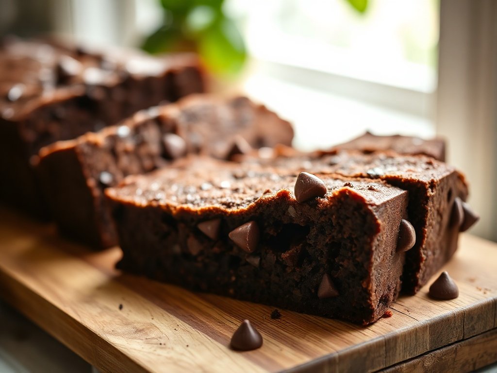 A slice of moist chocolate zucchini bread with chocolate chips on a wooden board.
