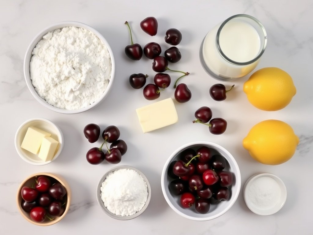 Overhead view of fresh cherries, flour, sugar, butter, and other baking ingredients for a cobbler