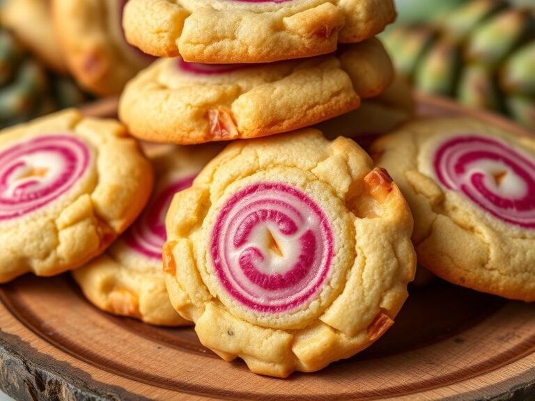 A stack of freshly baked ananas dragon cookies with a vibrant pink color on a rustic wooden surface.
