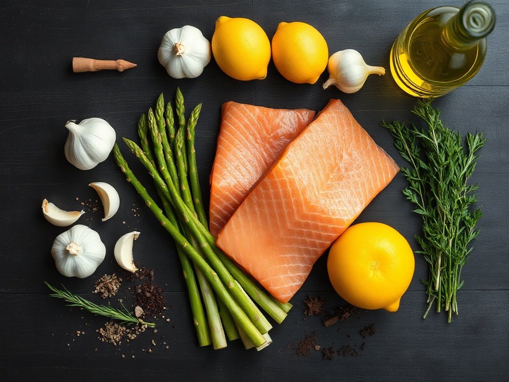 Fresh ingredients for healthy high protein low carb air fryer salmon arranged in a flat lay.