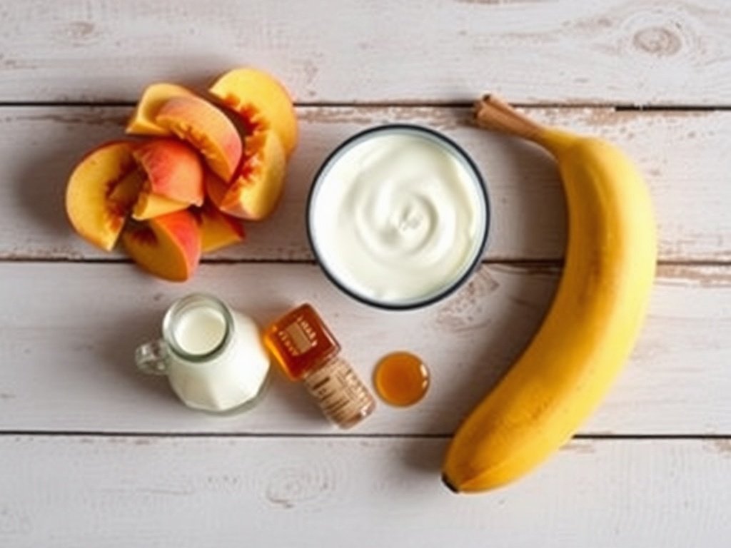 Flat lay of peach smoothie ingredients