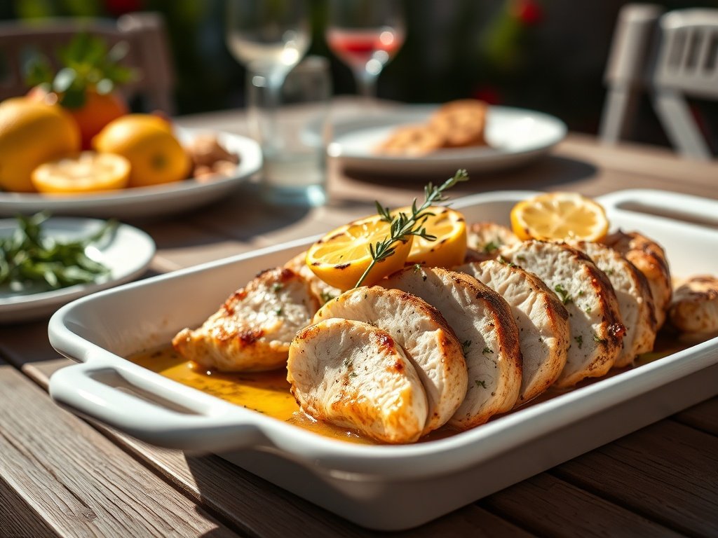 Juicy sliced air fryer lemon herb chicken on a platter, a high-protein healthy fourth of july food main course.