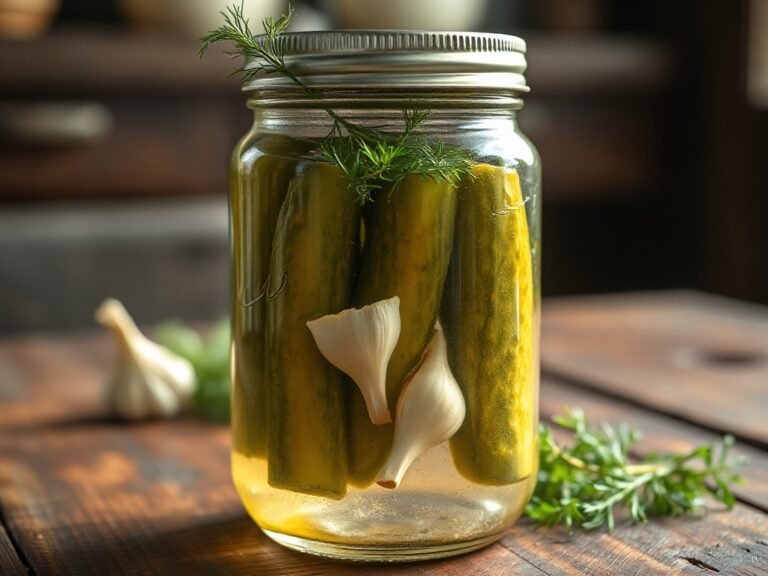 Glass jar of homemade dill pickles with fresh dill and garlic on a rustic wooden table