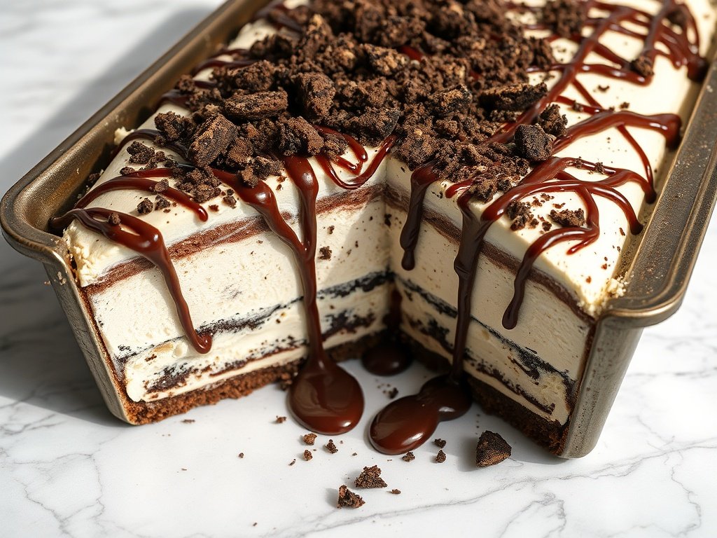 The assembled ice cream sandwich dessert in a loaf pan, sliced to reveal layers of ice cream, fudge, caramel, and whipped cream.