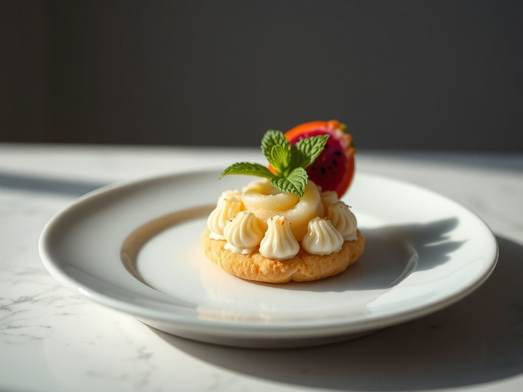 A single delicious ananas dragon cookie on a white plate with a garnish.