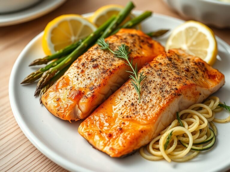 Close-up of air fryer salmon with asparagus and zucchini noodles on a white plate, healthy high protein low carb dinner.