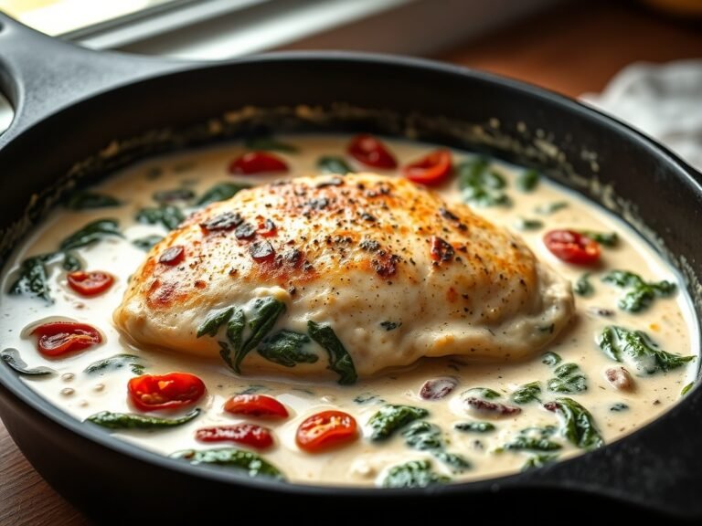 Close-up of Creamy Tuscan Garlic Chicken breast in a creamy sauce with spinach and sundried tomatoes in a skillet.