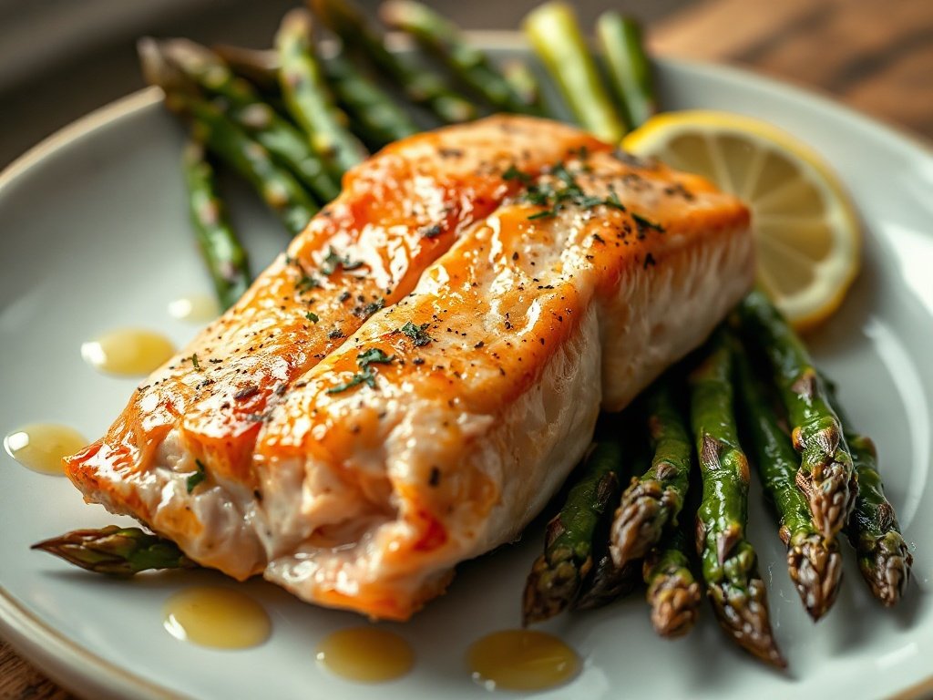 Close-up of a perfectly cooked high protein low carb air fryer salmon with asparagus.