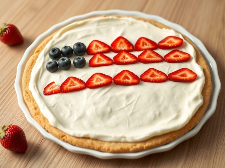 Whole Flag Fruit Pizza with sugar cookie crust, cream cheese frosting, strawberry red stripes and blueberry stars pattern on a white platter.